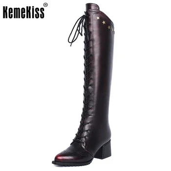 Ladies Real Genuine Leather Over Knee Long Boots Women Thick Heel Zipper Shoes Fashion Lace Up Heeled Shoes Size 34-42 N00184