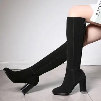 New Round Toe Knee High Real Genuine Leather Boots Fashion Women Shoes Ladies Medium Heel Autumn Boots Size 34-39