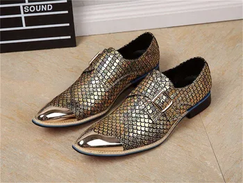 Pointed Steel Toe Shoes MEn's Buckle Strap British Style Classic Shoes Silver Gold Black Cow Leather 905-1 GZSL