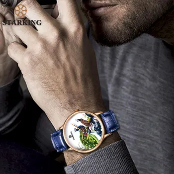 STARKING Famous Brand Watch Men AAA Quality Colorful Peacock Dial Royal Blue Watch Unique Design Steel Business Watch Automatic