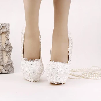 2016 White Lace Chiffon Bridal Shoes Platform Ultra High Heel Wedding Shoes Beautiful Satin Flower Bridesmaid Shoes