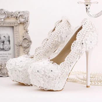 2016 White Lace Chiffon Bridal Shoes Platform Ultra High Heel Wedding Shoes Beautiful Satin Flower Bridesmaid Shoes