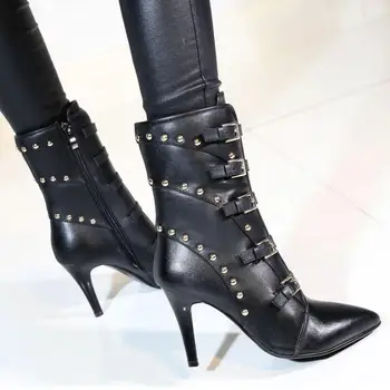 Women Ankle Boots Women Natural Real Leather Pointed Toe Sexy Rivets High Heels Lace Up New Winter Boots Women Shoes Size 34-40