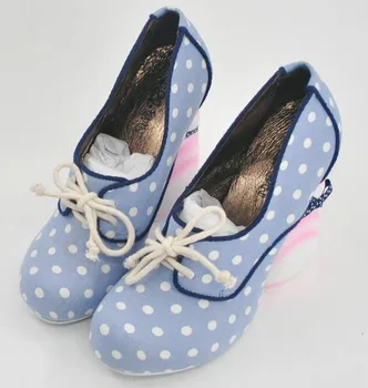 Young ladies cute irregular rabbit heel shoes lace up polka dot decorated sweet dress shoes size US9 fast delivery