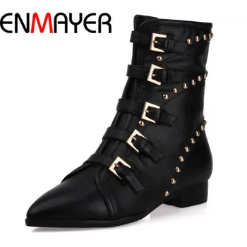 ENMAYERAnkle Boots Winter Cowhide fashion buckle zip Genuine leather Boots Pointed toe Low heels Women Boots Tassel