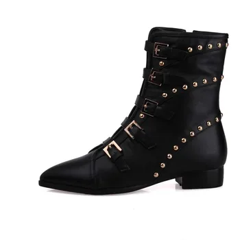 ENMAYERAnkle Boots Winter Cowhide fashion buckle zip Genuine leather Boots Pointed toe Low heels Women Boots Tassel