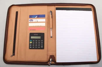 A4 zipper leather portfilio with New design calculator zip manager document bag business file folder brief FPDB-421