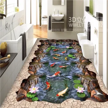 Waterfalls carp lotus 3D painting flooring thickened waterproof floor bedroom restaurant flooring wallpaper mural