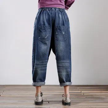 Women Elastic Waist Low Crotch Jeans Woman Harem Pants Spring Autumn Ripped Denim Jeans Pants Washed Loose Cotton Trousers