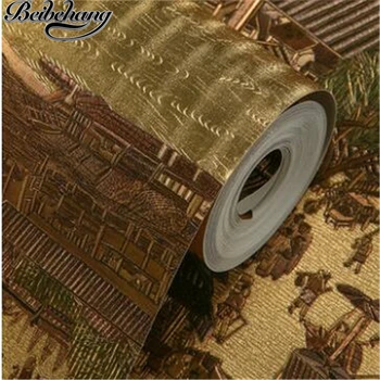 Beibehang Qingming River map high - end living room study wallpaper deep embossed Chinese style tea floor club papel de parede