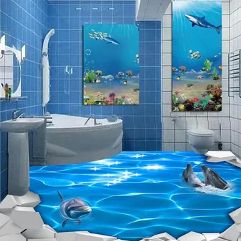 Dolphin surface water ripple 3D floor painting non-slip self-adhesive bedroom bathroom living room flooring mural