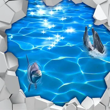 Dolphin surface water ripple 3D floor painting non-slip self-adhesive bedroom bathroom living room flooring mural