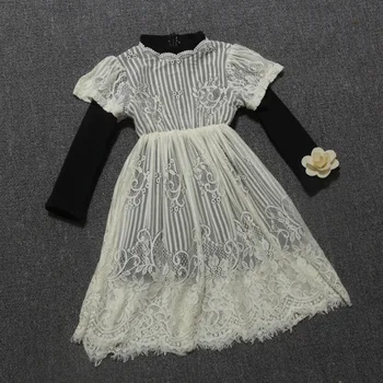 New 2016 autumn winter lace patchwork long sleeve girls dress warm velvet princess dress for girl clothes suit2~7age kid dresses