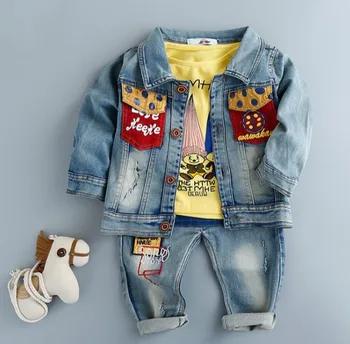 New 2017 spring boys letter patch denim clothing sets 3pcs kids clothes sets baby boys denim suit kids jeans
