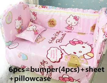 Promotion! 6PCS Cartoon bed linen Crib Bedding Set Baby Cot Bedding Set Top Quality ,include:(bumper+sheet+pillow cover)