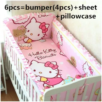 Promotion! 6PCS Cartoon Baby Cot Bedding Set Cartoon Cot Bed Linen Crib Bedding Baby Gift,include(bumper+sheet+pillow cover)