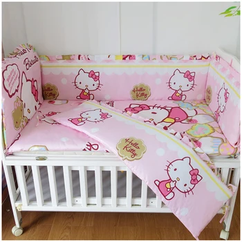 Promotion! 6PCS Cartoon Baby Cot Bedding Set Cartoon Cot Bed Linen Crib Bedding Baby Gift,include(bumper+sheet+pillow cover)