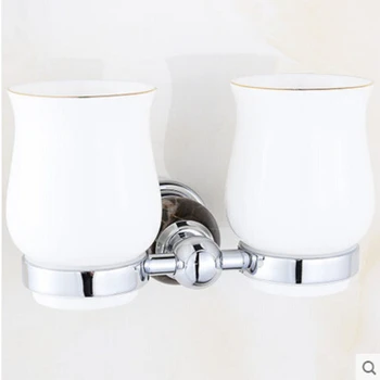 European Style Double Cup Holder Toothbrush Holder with Ceramic Cups Antique Brass Solid Brass Rack Tumbler Holder Wall Mounted