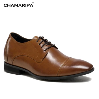 CHAMARIPA Increase Height 7cm/2.76 inch Brown Dress Height Shoes For Men Elevator Shoes Genuine Leather Wedding Shoes
