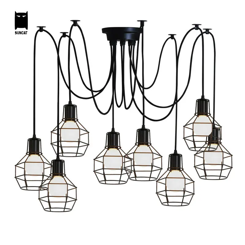 8 Heads Black Iron Spider Pendant Light Modern Loft Edison Bulb Guard Cage Adjustable Hanging Lamp Luminaria Lustre Living Room