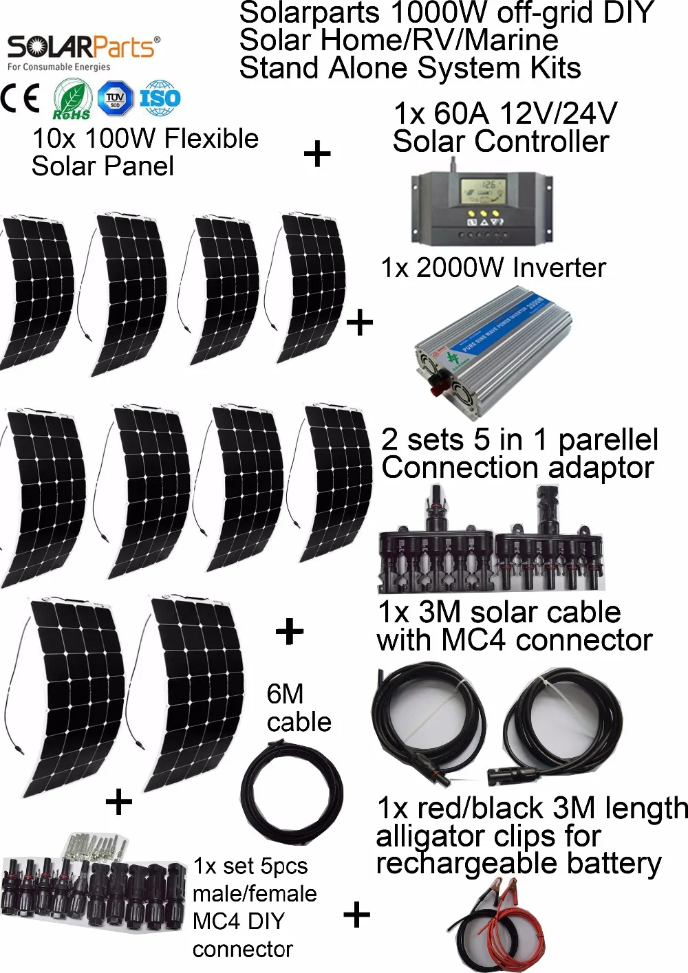 Solarparts 1000W off-grid Solar System KITS flexible solar panel +controller+inverter+cable+adaptor for RV/Marine/Camping/Home .