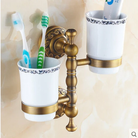 Classic Style Cup Holder Toothbrush Holder Ceramics Cups Antique Brass Solid Brass Rack Tumbler Holder Wall Mounted
