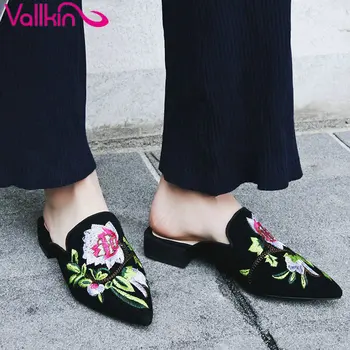 VALLKIN 2017 Women Pumps Embroidery Elegant Square Low Heel PU Kid Suede Pointed Toe Slingback Summer Ladies Shoes Size 34-42