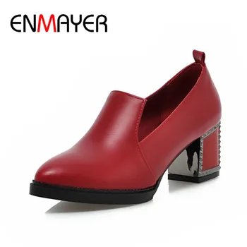 ENMAYER PU Material Slip on Pumps Shoes Woman Med Heels Pointed Toe Solid Large Size34-47 Casual Shallow Shoes