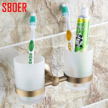 Retro Brass+glass Bathroom Accessories washroom antique brass double cup &Tumbler Holders,Toothbrush Cup Holders W/ Ceramic Cup
