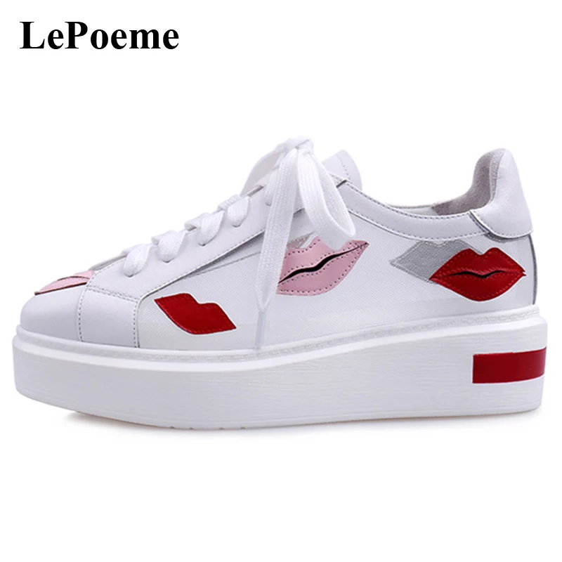 Lip Pattern Casual White Shoes Genuine Leather Women Flats Large Size Girl Summer Fashion Lace Flat Platform Shoes Woman Brand