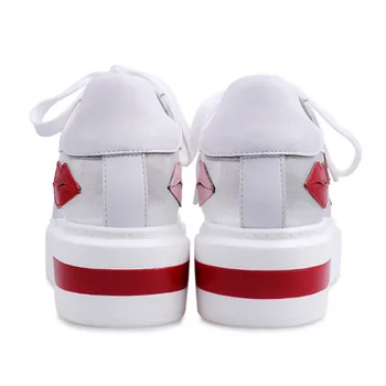 Lip Pattern Casual White Shoes Genuine Leather Women Flats Large Size Girl Summer Fashion Lace Flat Platform Shoes Woman Brand