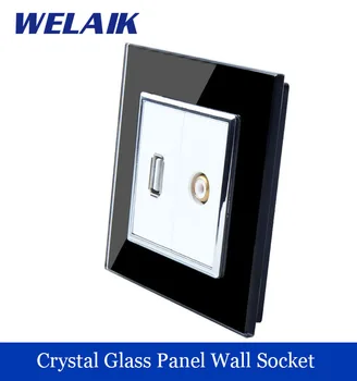 WELAIK ping Crystal Glass Panel 1Frame EU White Black USB Socket USB Video Socket A18USVIW/B