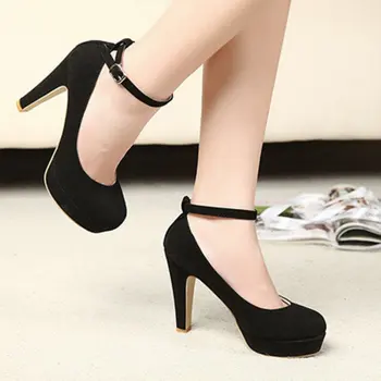 VSEN 10pcs Womens High Heel Platform Stiletto Ankle Strap Buckle Pumps Faux Suede Shoes Black 36
