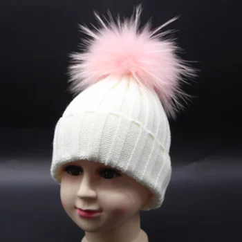 FURANDOWN Children Girls Fur Pompom Hat Baby Winter pompon Beanies Colorful Fur Ball Hat Cap For Kids