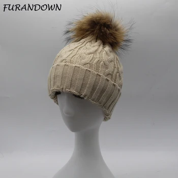 2017 Winter Brand New Colorful Snow Caps Wool Knitted Beanie Hat With Raccoon Fur Pom Poms For Women Men Hip Hop Skullies Cap