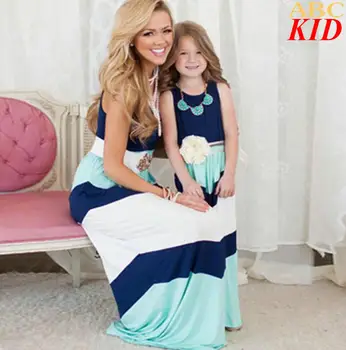 Baby Girls Children Mother Long Beach Dress Striped Blue Maxi Dress Family Clothes Mom Kid Holiday Dress KC118