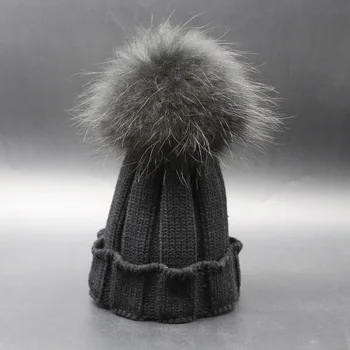 2016 Striped Winter Kids Dyed Raccoon Fur Hat With Pompom Girls Hats Knit Skullies Beanies For Children