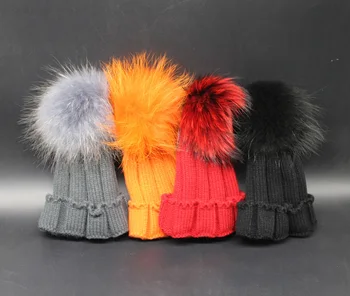 2016 Striped Winter Kids Dyed Raccoon Fur Hat With Pompom Girls Hats Knit Skullies Beanies For Children