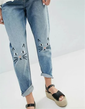 Woman 2017SS Fashion NEW Cute CAT Embroidery on the knee Denim Jeans Cropped Trousers