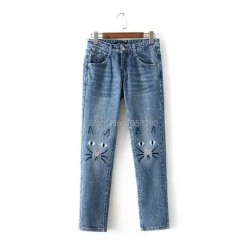 Woman 2017SS Fashion NEW Cute CAT Embroidery on the knee Denim Jeans Cropped Trousers