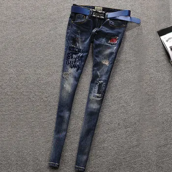 Punk Style Women Korean Fashion Letter Print Jeans Pants Woman Blue Ripped Skinny Ankle Jeans Femme