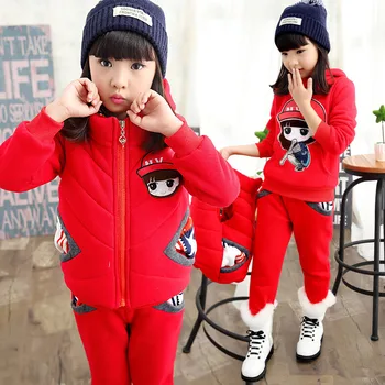 2016 Winter girls fashion plus thick velvet clothing set Korean version of kid girls cartoon three-piece suit