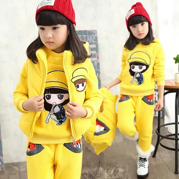 2016 Winter girls fashion plus thick velvet clothing set Korean version of kid girls cartoon three-piece suit