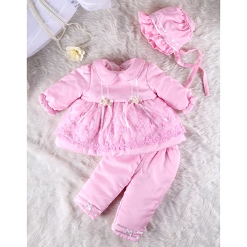 Baby girl winter thicked birthday party lace dress set with pants and hat baby winter cute suit with nice lace 3-pcs set