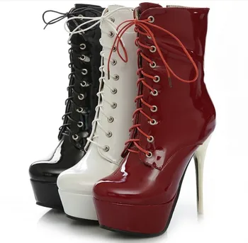 Boots Patent Leather women's shoes Women Large size small yards shoe Thin Heels high heel 13CM Platform 3CM EUR Size 33-40