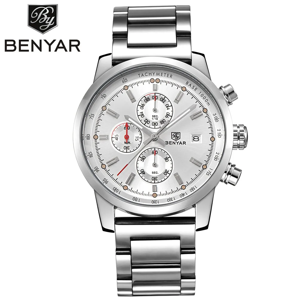 Luxury Watches Men BENYAR Chronograph Outdoor Full Steel Quartz Watch Waterproof Calender Sport Man's Wristwatch