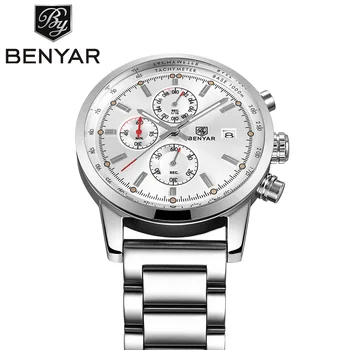 Luxury Watches Men BENYAR Chronograph Outdoor Full Steel Quartz Watch Waterproof Calender Sport Man's Wristwatch