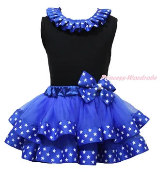 Black Top 4th July Blue Patriotic Star Lacing Satin Trim Skirt Girl Outfit Set NB-8Y MAPSA0775