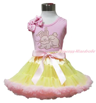 Easter Rhinestone Big Bunny Pink Bow Pink Top shirt Pink Yellow Baby Girl Skirt Set 1-8Y MAPSA0499