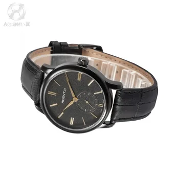 AGENTX Casual Watch Men Relogio Gold Leather Strap Sub Dial Small Second Hand Male Clock Quartz Business Wrist Watch / AGX078
